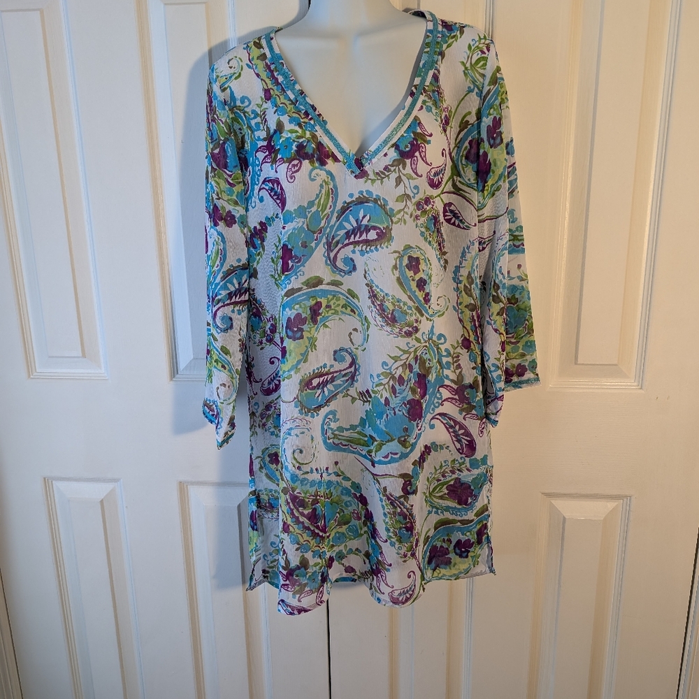 Tommy Bahama women's sheer long tunic bathing suit cover-up Size Large